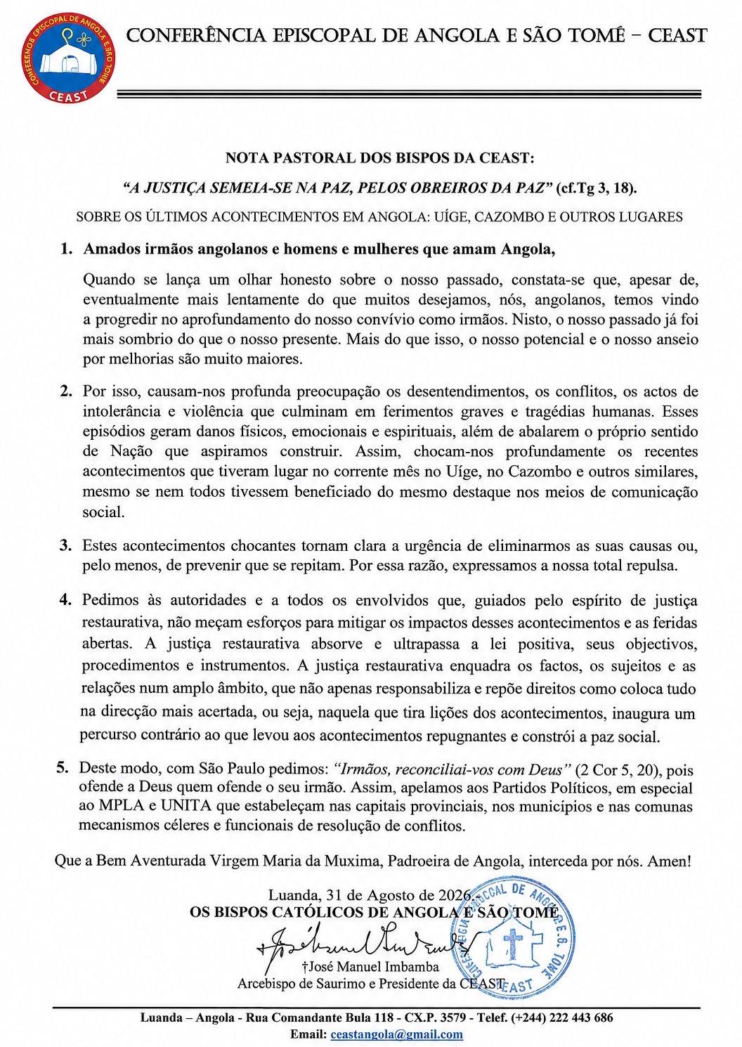 BISPOS CATÓLICOS LANÇAM FORTE APELO AO MPLA E À UNITA APÓS VIOLÊNCIA NO UÍGE E CAZOMBO